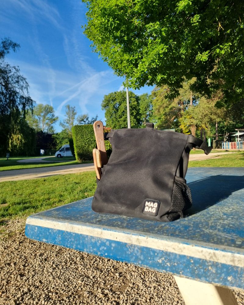 The matte black MAG BAG chalk bag, blank and ready to draw on